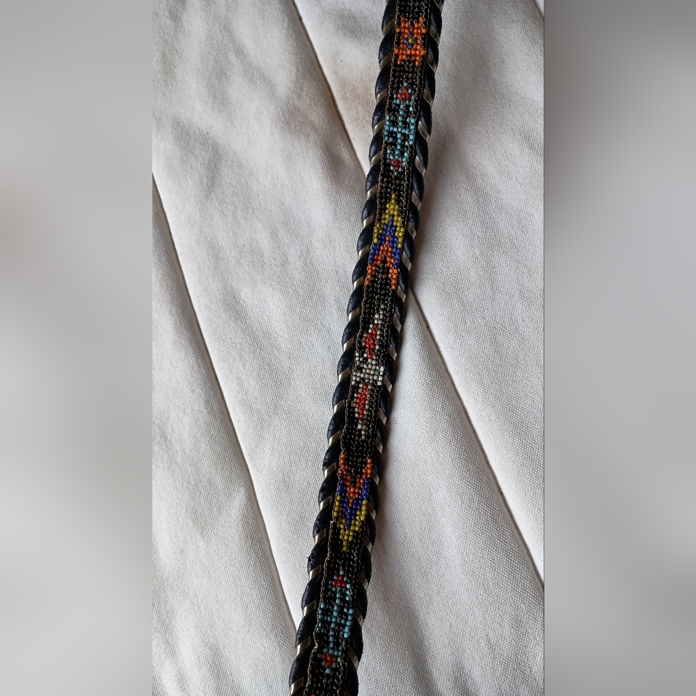 Vintage Beaded Designed Black Leather Belt_30 - Picture 5 of 6